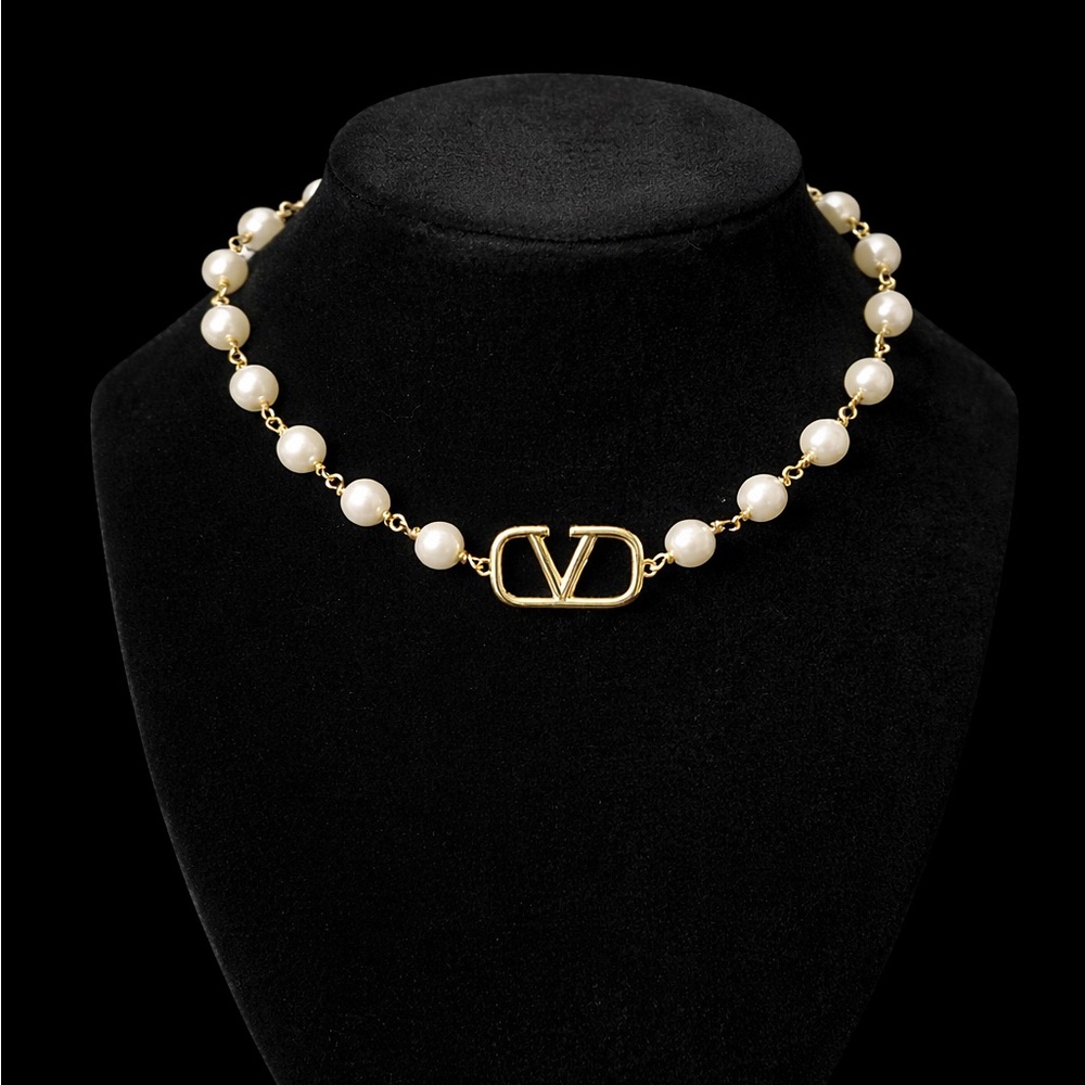 Valentino Garavani Gold and Pearl Logo Choker Necklace